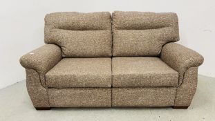 A MODERN OATMEAL UPHOLSTERED TWO SEATER SOFA WIDTH 180CM.