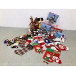 TWO LARGE BOXES CONTAINING SOFT CHRISTMAS TOYS, CUSHIONS,