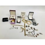 BOX OF ASSORTED VINTAGE AND MODERN JEWELLERY TO INCLUDE SILVER AND AMBER BROOCH,