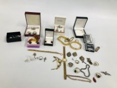 BOX OF ASSORTED VINTAGE AND MODERN JEWELLERY TO INCLUDE SILVER AND AMBER BROOCH,