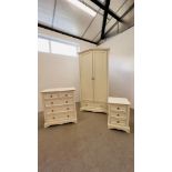 A JULIAN BOWEN THREE PIECE CREAM FINISH BEDROOM SUITE COMPRISING OF A DOUBLE WARDROBE WITH DRAWER