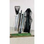 QUANTITY OF FISHING EQUIPMENT TO INCLUDE RODS, REELS, POLES, STANDS, NET, ETC.