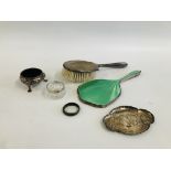 A MIXED GROUP OF SILVER PIECES, AN ART DECO ENAMELLED DRESSING TABLE MIRROR, BIRMINGHAM 1931,