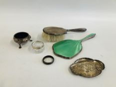 A MIXED GROUP OF SILVER PIECES, AN ART DECO ENAMELLED DRESSING TABLE MIRROR, BIRMINGHAM 1931,