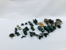 A COLLECTION OF MILITARY DIE CAST VEHICLES, TANKS, MACHINE GUNS TO INCLUDE DINKY. LONE STAR, ETC.