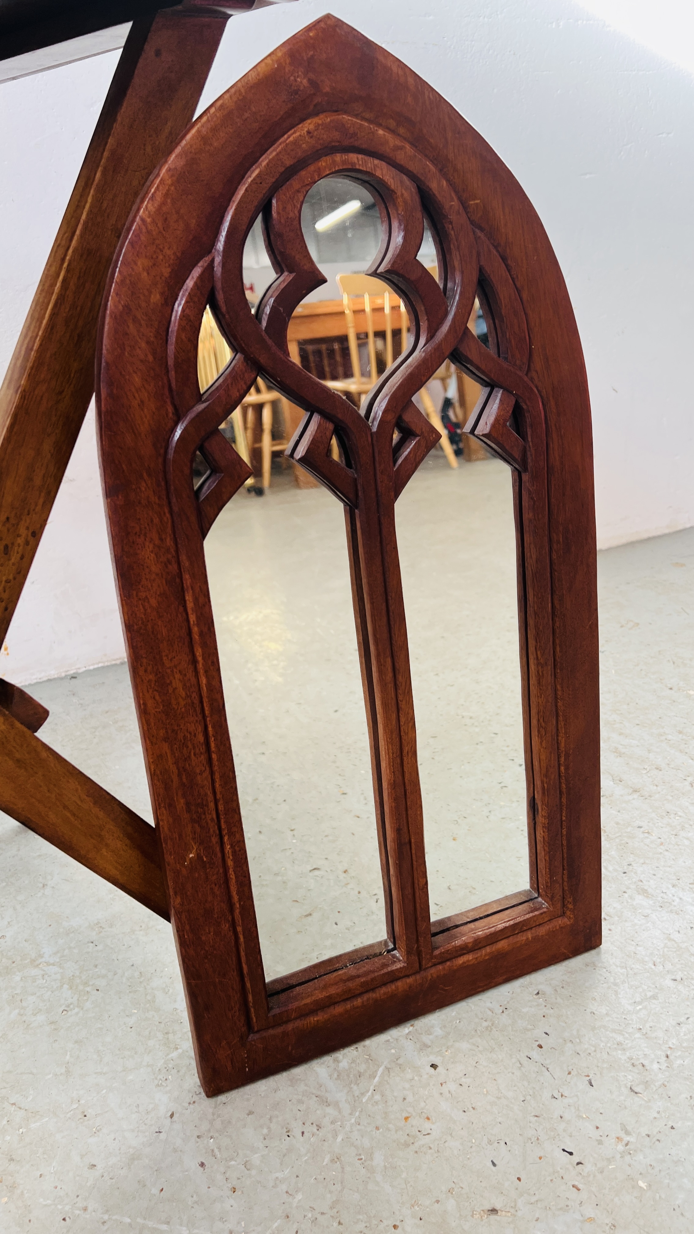 A HARDWOOD SERVING TRAY WITH FOLDING STAND AND HARDWOOD GOTHIC STYLE MIRROR HEIGHT 61CM. - Image 6 of 8