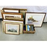 A GROUP OF 12 FRAMED PRINTS AND ORIGINAL ARTWORKS TO INCLUDE OIL ON BOARD THATCHED COTTAGE BEARING