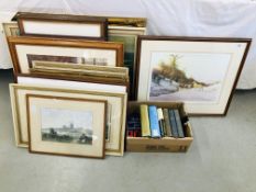 A GROUP OF 12 FRAMED PRINTS AND ORIGINAL ARTWORKS TO INCLUDE OIL ON BOARD THATCHED COTTAGE BEARING