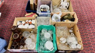 9 X BOXES OF ASSORTED HOUSEHOLD SUNDRIES TO INCLUDE GLASS AND CHINA WARE, GERMAN GLAZED POTTERY,