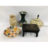 4 PIECES OF STUDIO POTTERY TO INCLUDE LARGE TABLE LAMP, FRUIT BOWL, AND TWO VASES,