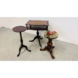 TWO REPRODUCTION OCCASIONAL TABLES ALONG WITH A HARDWOOD REVILVING STOOL TAPESTRY SEAT COVER