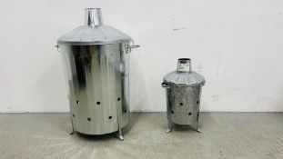 A SIMPA 90 LITRE GALVANISED METAL INCINERATOR ALONG WITH A SMALLER GALVANISED GARDEN INCINERATOR