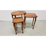 A NEST OF MODERN YEW FINISH OCCASIONAL TABLES HEIGHT 53CM.