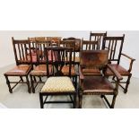 A COLLECTION OF FOURTEEN VARIOUS ANTIQUE DINING CHAIRS FOR RESTORATION TO INCLUDE LEATHERED ELBOW