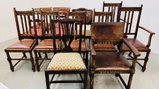 A COLLECTION OF FOURTEEN VARIOUS ANTIQUE DINING CHAIRS FOR RESTORATION TO INCLUDE LEATHERED ELBOW
