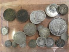 TUB OF MAINLY SILVER COINS INCLUDING 1937 CROWN, ALSO A FEW BANKNOTES (24 COINS).