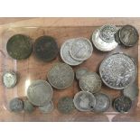 TUB OF MAINLY SILVER COINS INCLUDING 1937 CROWN, ALSO A FEW BANKNOTES (24 COINS).