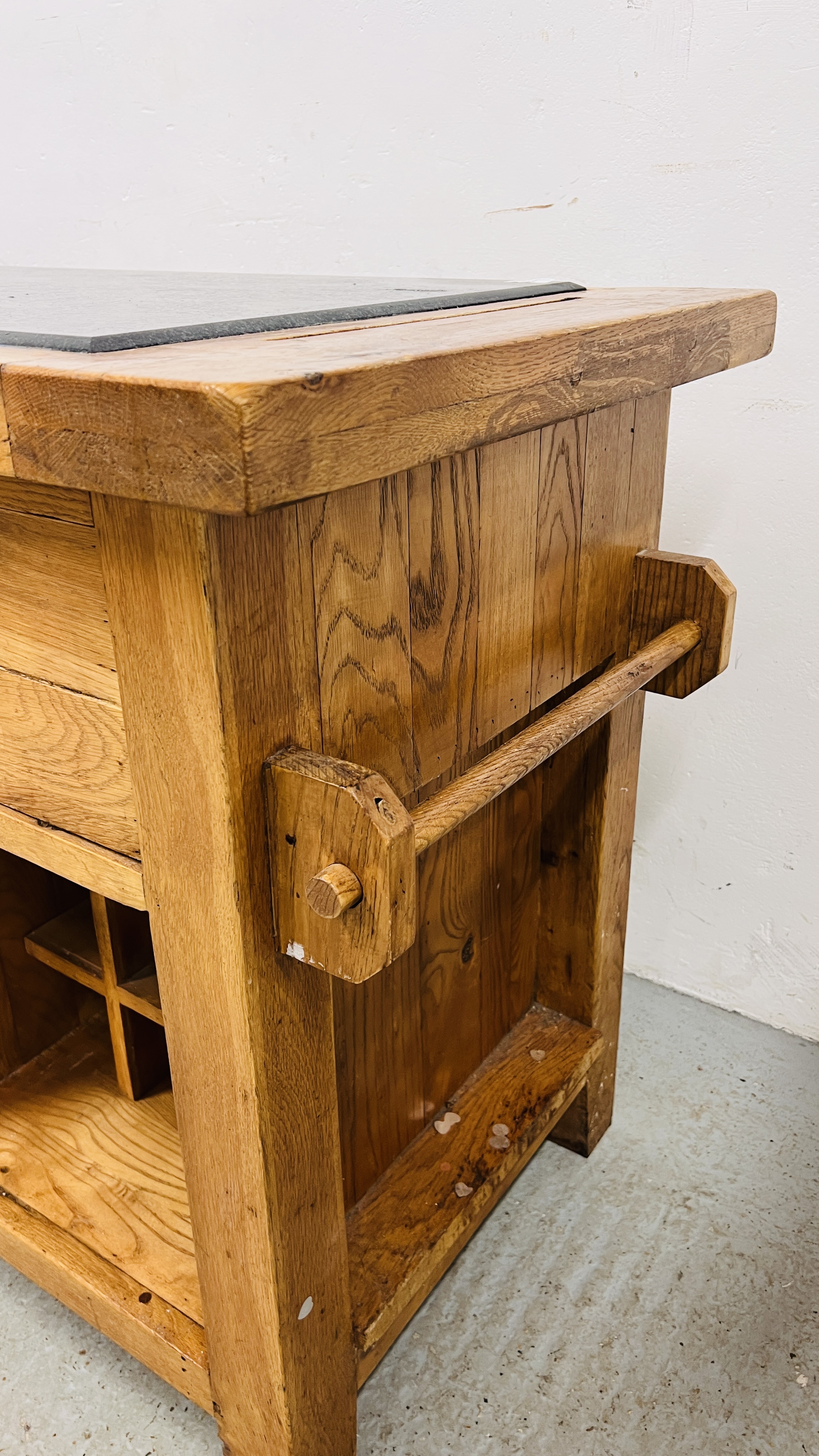 A SOLID OAK MARBLE TOPPED KITCHEN ISLAND WITH TWO SLIDE THROUGH DRAWERS AND SINGLE CENTRAL DOOR, - Image 15 of 21