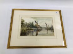 WILLIAM MAYES "BROADLAND SCENE WITH WHERRIES" WATERCOLOUR 22 X 36CM.