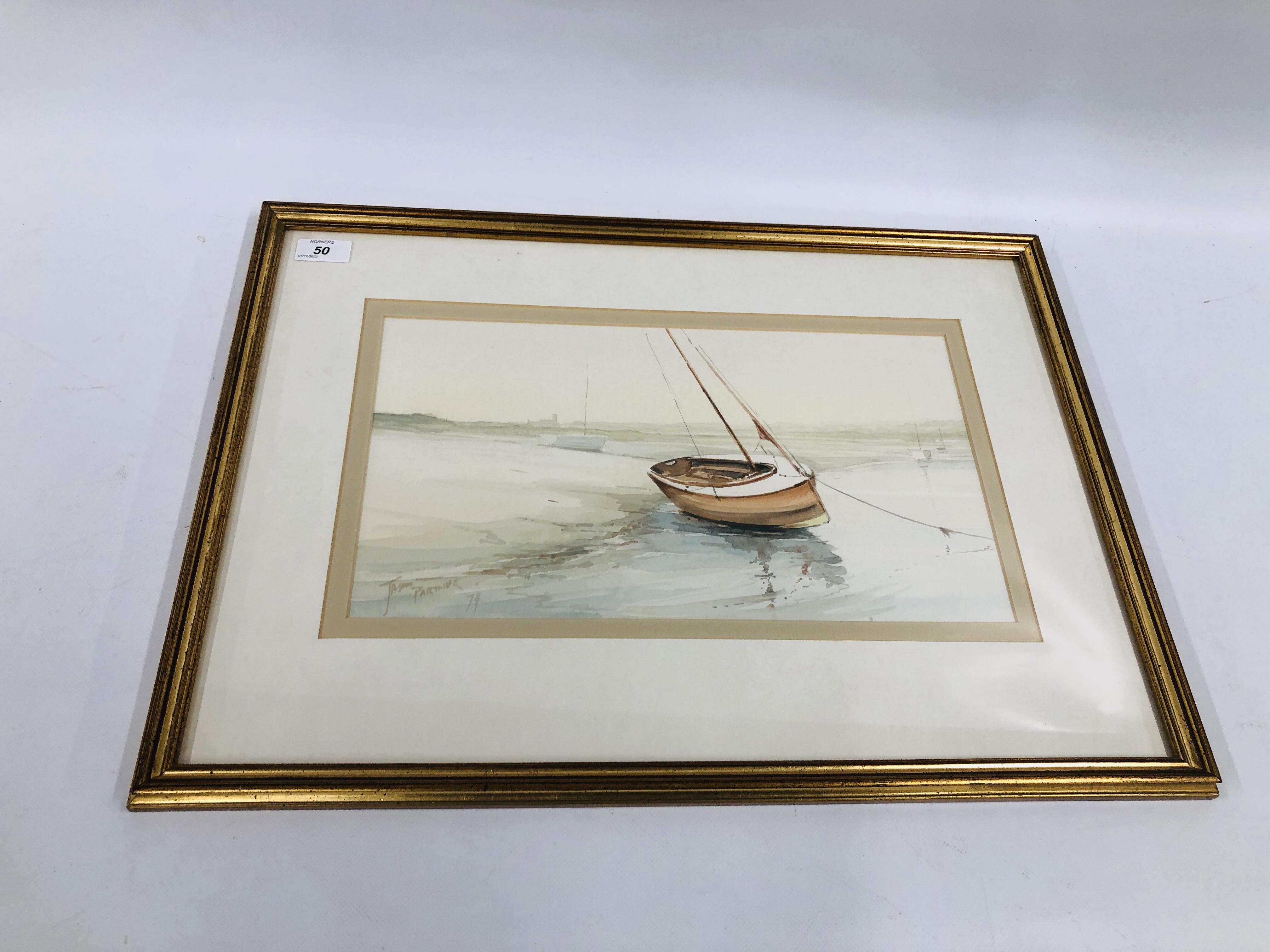 A FRAMED WATERCOLOUR "A MOORED YACHT" BEARING SIGNATURE JASON PARTNER 79 23 X 40CM.