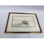 A FRAMED WATERCOLOUR "A MOORED YACHT" BEARING SIGNATURE JASON PARTNER 79 23 X 40CM.