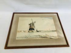 LESLIE MOORE WATERCOLOUR PUMP/DRAINAGE MILL ON RIVER BURE BETWEEN ACLE AND YARMOUTH,