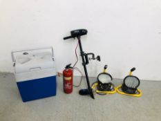 TWO DEFENDER WORK LIGHTS ALONG WITH BISON 12 VOLT BOAT OUTBOARD,