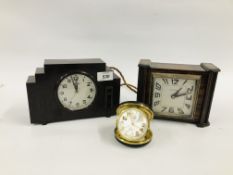 A VINTAGE 1930'S BAKELITE CLOCK (COLLECTORS ITEM ONLY) ALONG WITH A FURTHER TRAVEL ALARM CLOCK