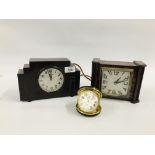 A VINTAGE 1930'S BAKELITE CLOCK (COLLECTORS ITEM ONLY) ALONG WITH A FURTHER TRAVEL ALARM CLOCK