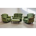 A GOOD QUALITY THREE PIECE LOUNGE SUITE GREEN AND GOLD UPHOLSTERY WITH MATCHING FOOTSTOOL
