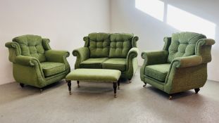 A GOOD QUALITY THREE PIECE LOUNGE SUITE GREEN AND GOLD UPHOLSTERY WITH MATCHING FOOTSTOOL