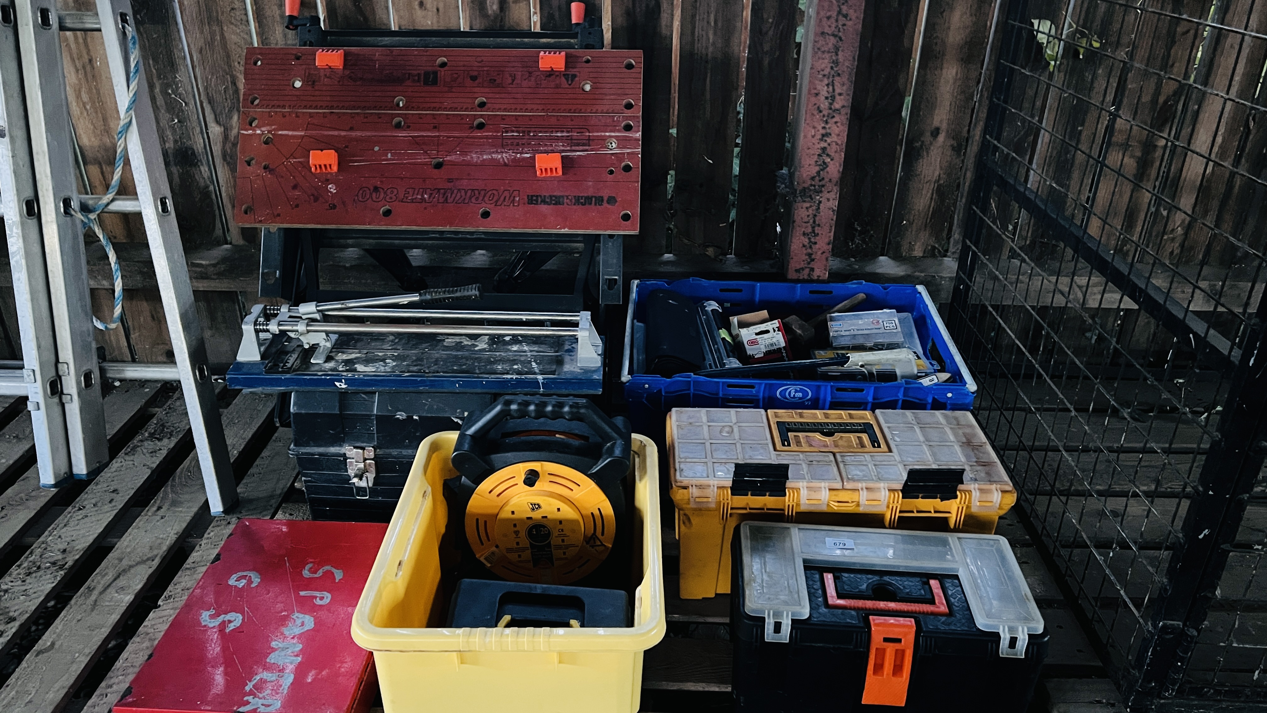 SIX BOXES ASSORTED SHED SUNDRIES TO INCLUDE GAUGES, SPANNERS, DRILL BITS, TILE CUTTER AND WORKMATE.