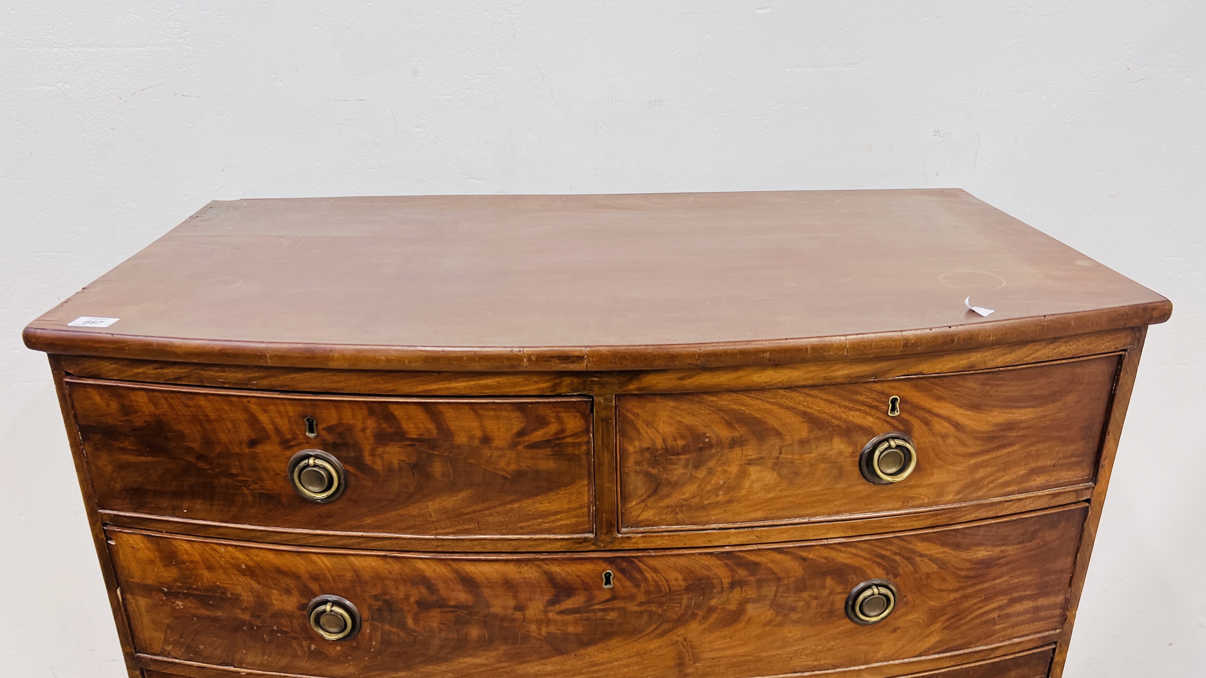 A MAHOGANY BOW FRONTED TWO OVER THREE CHEST OF DRAWERS, W 106CM, D 54CM, H 104CM. - Image 2 of 10