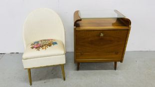 VINTAGE LLOYD LOOM STYLE BEDROOM CHAIR ALONG WITH A VINTAGE RETRO STYLE DRINKS CABINET WIDTH 60CM.