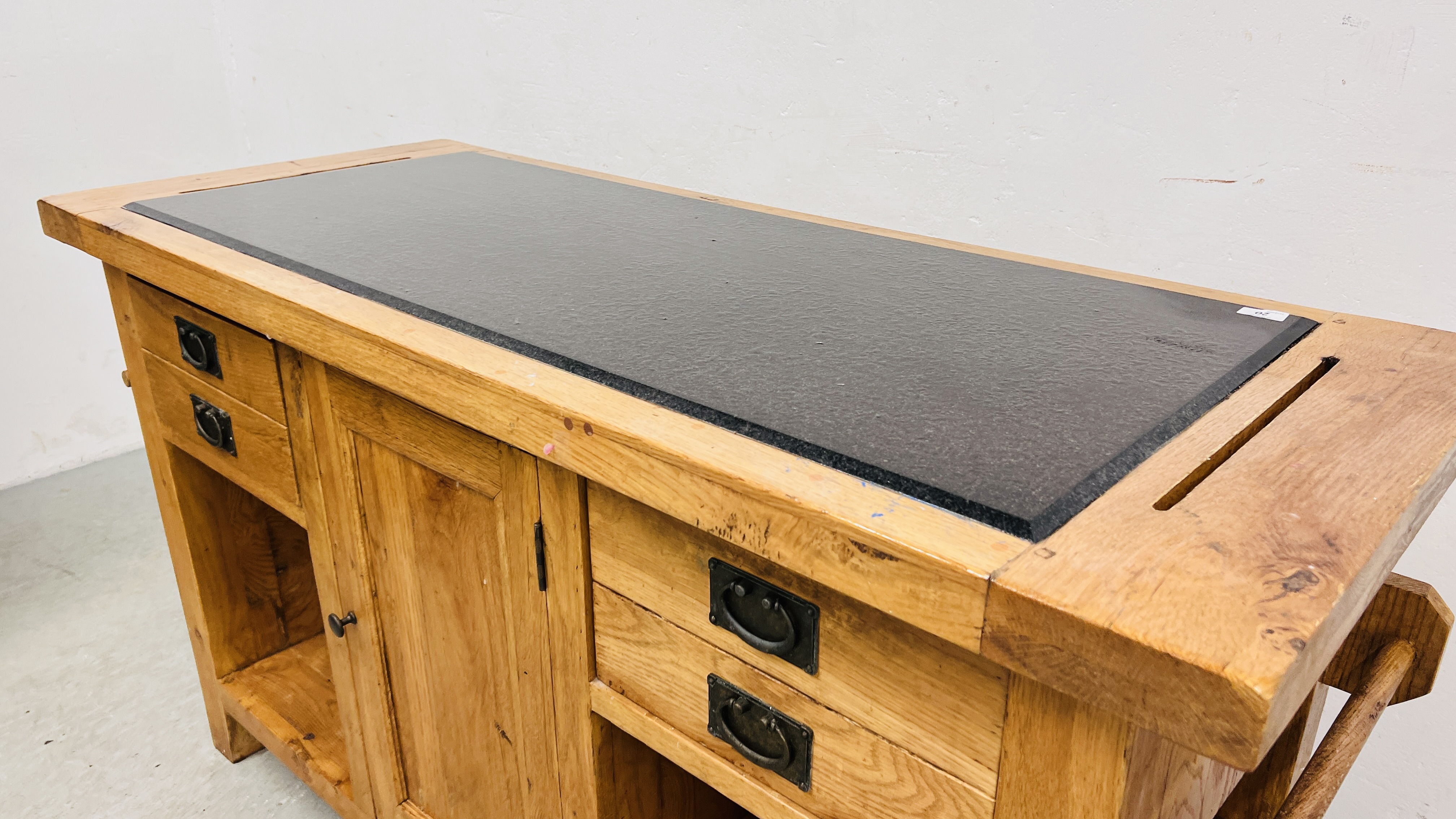 A SOLID OAK MARBLE TOPPED KITCHEN ISLAND WITH TWO SLIDE THROUGH DRAWERS AND SINGLE CENTRAL DOOR, - Image 4 of 21