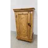 AN ANTIQUE WAXED PINE SINGLE DOOR CUPBOARD, W 53.5CM, D 46CM, H 100CM.