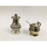 A PEPPER GRINDER MARKED 800 AND A SILVER MUSTARD WITH HINGED LID,