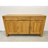 MODERN DESIGNER OAK THREE DRAWER THREE DOOR SIDEBOARD WITH BRUSHED STEEL HANDLES WIDTH 154CM.