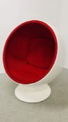 A RETRO STYLE GLOBE EGG SWIVEL CHAIR WHITE FINISH WITH RED UPHOLSTERY