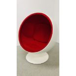 A RETRO STYLE GLOBE EGG SWIVEL CHAIR WHITE FINISH WITH RED UPHOLSTERY