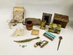 BOX OF VINTAGE COLLECTIBLES TO INCLUDE TINS, SHELL, THE BANDMASTER MOUTH ORGAN IN ORIGINAL BOX,