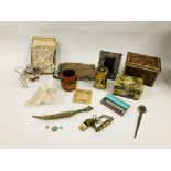 BOX OF VINTAGE COLLECTIBLES TO INCLUDE TINS, SHELL, THE BANDMASTER MOUTH ORGAN IN ORIGINAL BOX,