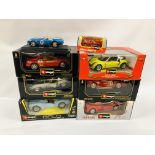 SEVEN BOXED BURAGO VEHICLES INCLUDING FERRARI, JAGUAR, SMART ROADSTER CUOPE,