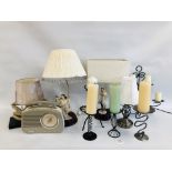 TWO FLORENCE FIGURED TABLE LAMPS AND SHADES AND ONE OTHER AND A BOX OF METAL CRAFT CANDLE HOLDERS,