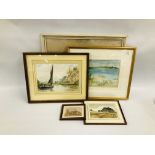 A GROUP OF FIVE PICTURES AND PRINTS TO INCLUDE A "LOCAL WHERRY" WATERCOLOUR BEARING INDISTINCT