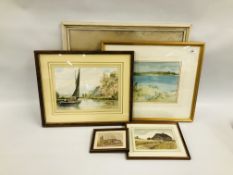 A GROUP OF FIVE PICTURES AND PRINTS TO INCLUDE A "LOCAL WHERRY" WATERCOLOUR BEARING INDISTINCT