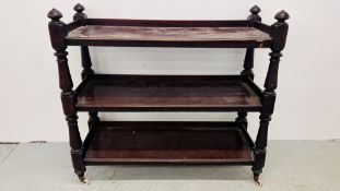 A VICTORIAN MAHOGANY THREE TIER BUFFET TROLLEY A/F LENGTH 120CM. HEIGHT 110CM. DEPTH 48CM.