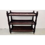 A VICTORIAN MAHOGANY THREE TIER BUFFET TROLLEY A/F LENGTH 120CM. HEIGHT 110CM. DEPTH 48CM.