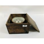 VINTAGE SHIPS COMPASS IN ORIGINAL FITTED WOODEN BOX WIDTH 20.5CM. DEPTH 20.5CM. HEIGHT 14CM.