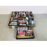6 BOXES OF ASSORTED BOOKS TO INCLUDE FICTION AND COOKERY AND A BOX OF CDS AND DVDS, ETC.